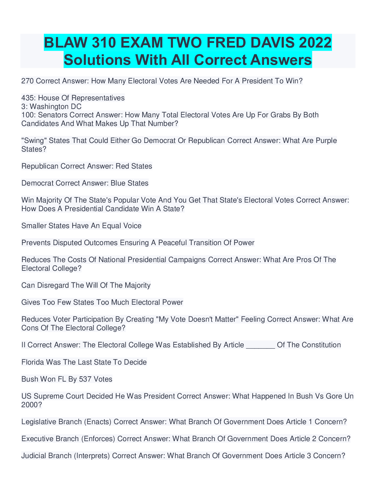 Preview image for BLAW 310 EXAM TWO FRED DAVIS 2022 Solutions With All Correct Answers